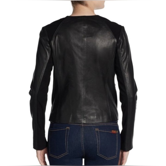 VINCE Designer Beautiful Soft Lamb Leather Contrast Point Black MOTO Jacket - Picture 2 of 15